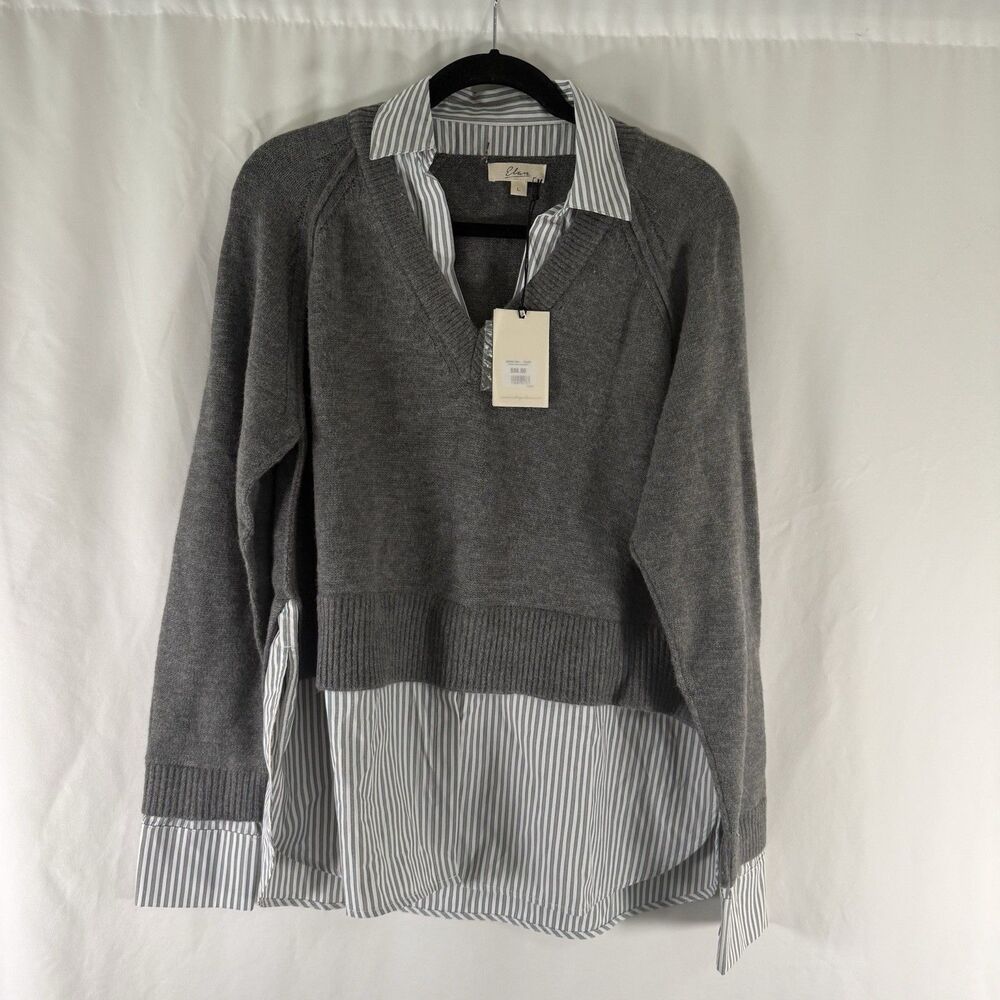 New Elan Sweater Women's Large Grey White Striped Collared Pullover Soft